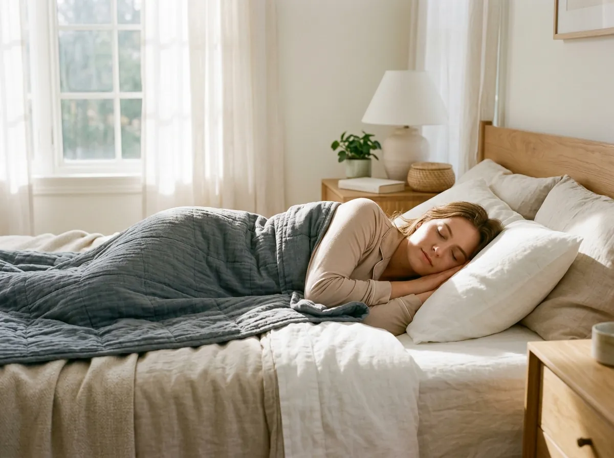 Woman resting serenely under breathable slate-grey Velin weighted blanket in calm modern bedroom