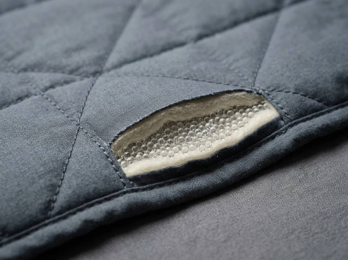Macro close-up cross section of Velin diamond quilted fabric showing non-toxic cooling micro-glass beads