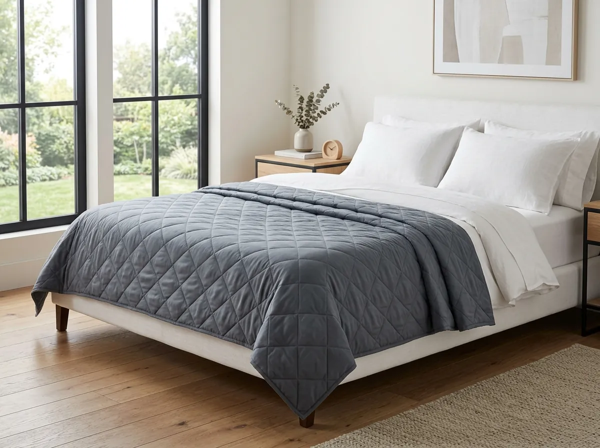 Velin slate-grey weighted blanket draped over luxury white linen bed in Scandinavian bedroom