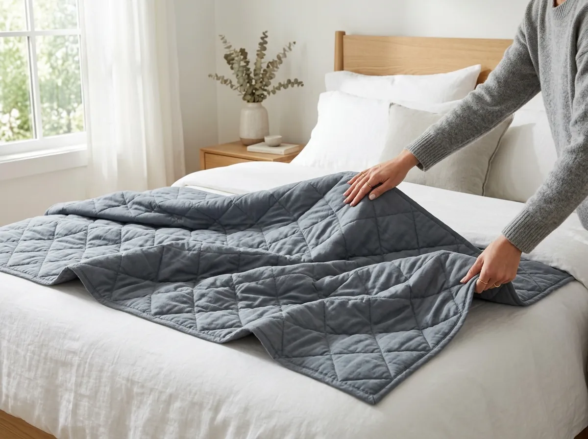 Hands unfolding luxury slate-grey Velin weighted blanket across a crisp white linen bed