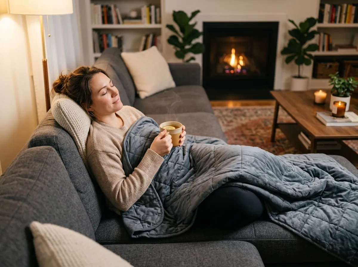 Woman relaxing calmly on sofa under Velin weighted blanket enjoying peaceful evening tea