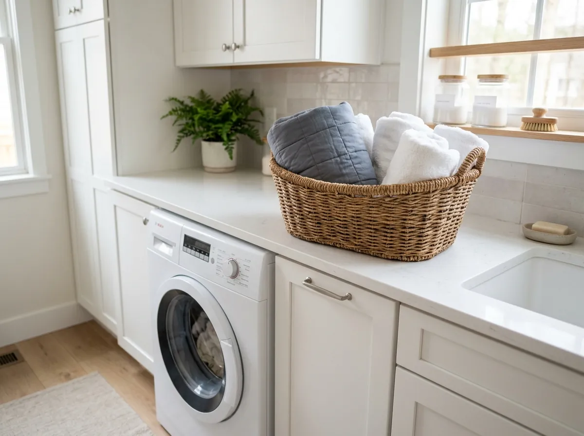 Clean laundry room counter with front-loading washing machine and neatly folded Velin weighted blanket