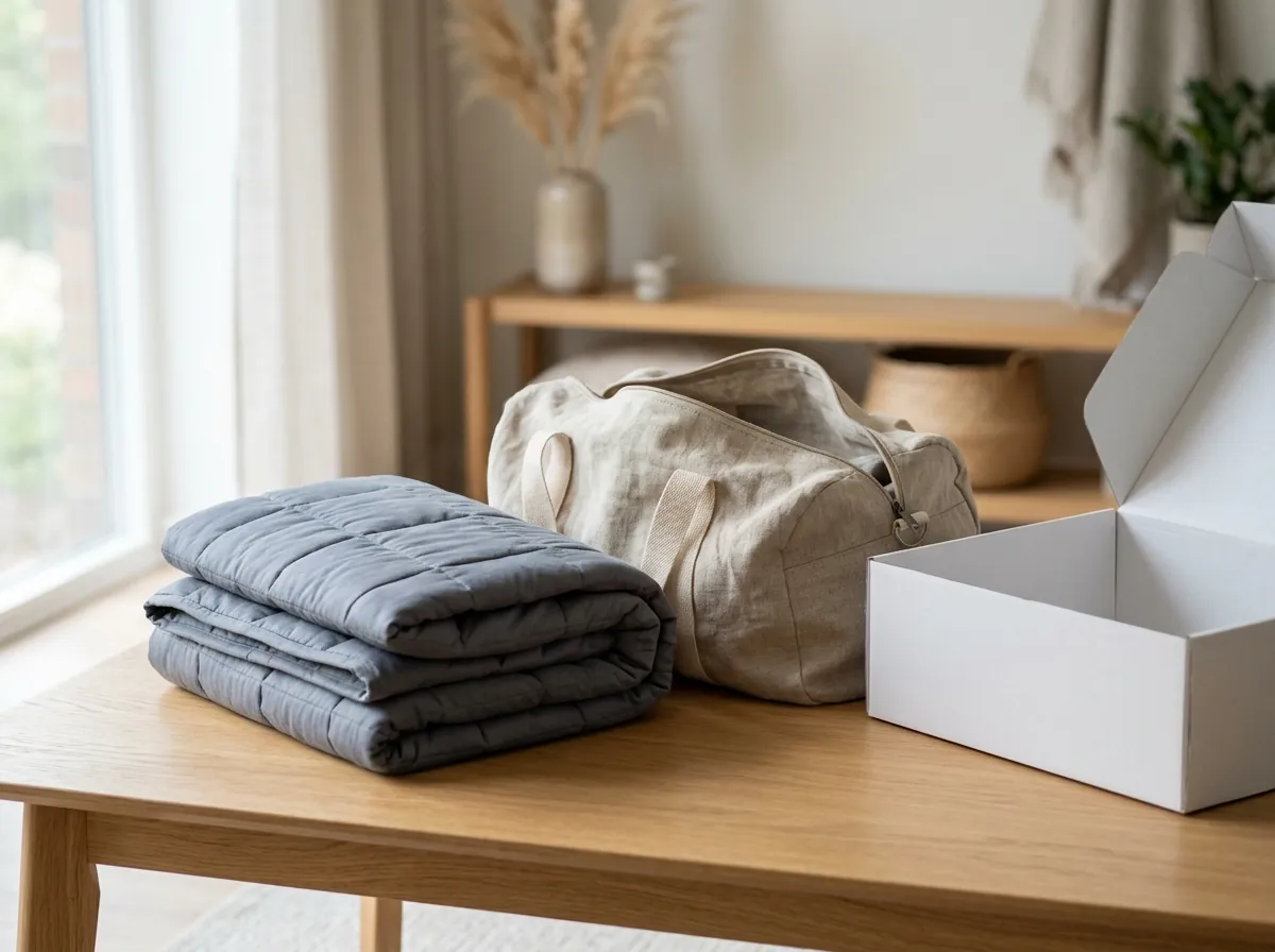 Velin weighted blanket neatly unboxed with natural linen canvas storage bag and white retail package